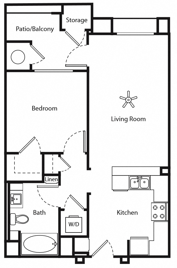 Floor plan for 1 bed, 1 bath, 692 sqft